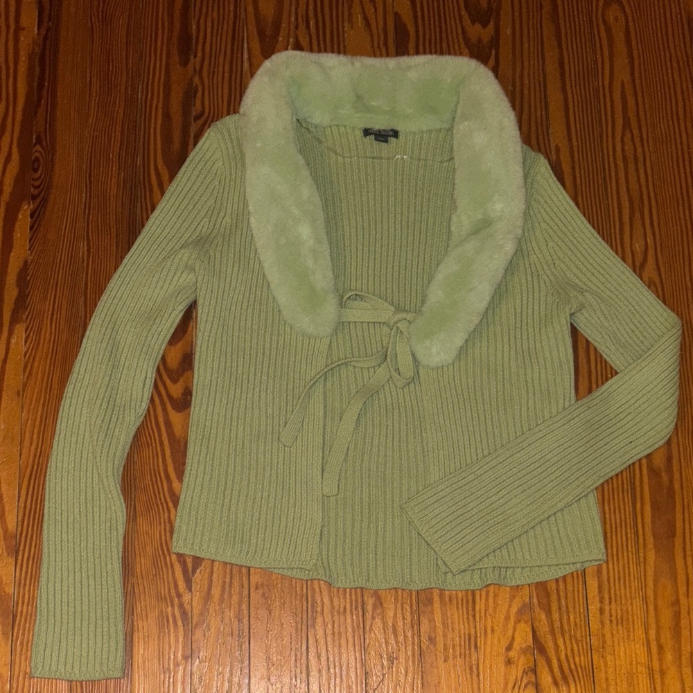 Wild Fable Olive Ribbed Cardigan with Faux Fur Collar